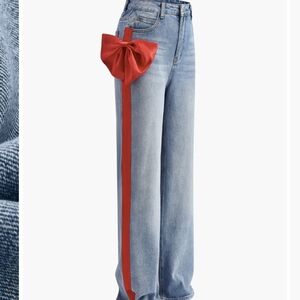 Commense Mid-Waist Bow Decore Denium Jeans with Red Bow Accent S NWT